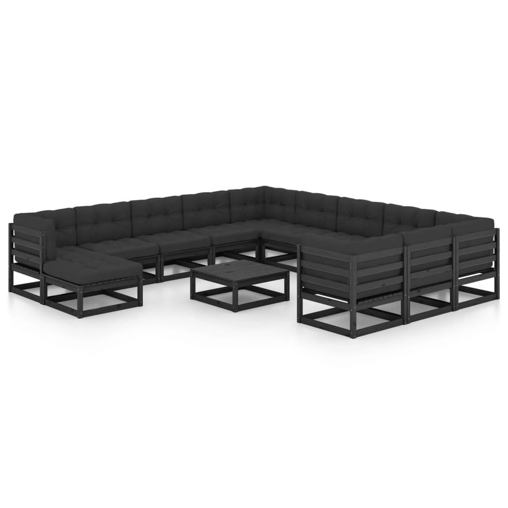 13-tlg. Garten-Lounge-Set mit Kissen Schwarz Kiefer Massivholz